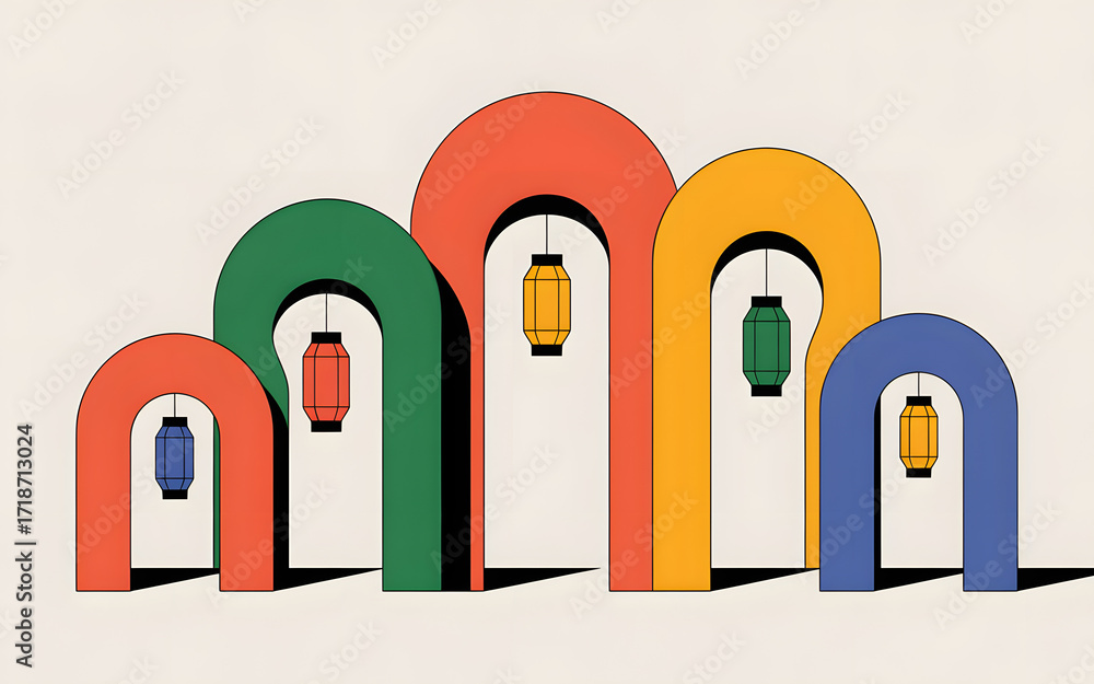 Aufkleber colorful arches and lanterns a whimsical composition of geometric shapes and suspended lanterns crea