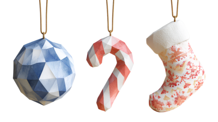 Artistic Christmas Ornaments Collection in Low Poly, Pixel Art, and Watercolor isolated on transparent background