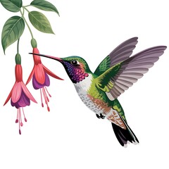 Vibrant Hummingbird Illustration A Symphony of Colors and Botanical Beauty in Flight Close To Two Hanging Flowers