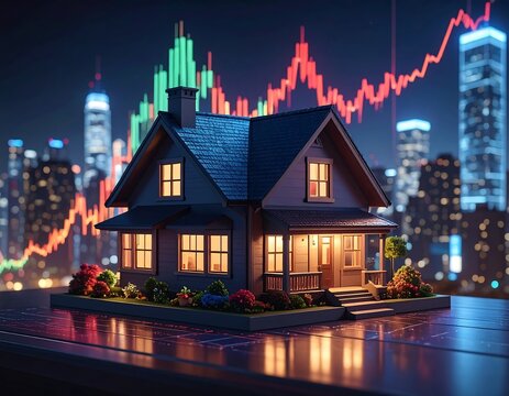 Miniature house on a table, illuminated, with cityscape and stock market graphs in background