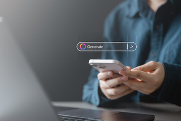 Person using smartphone with AI generate search bar overlay, symbolizing artificial intelligence, digital innovation, online technology, and creative automation tools.