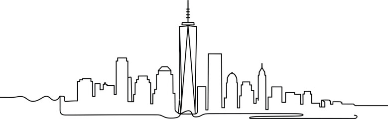 Continuous line drawing, city skyline illustration, urban landscape, skyscraper view, minimalist art, modern architecture, travel destination, metropolitan scene, skyline silhouette, cityscape design