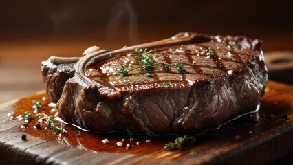 Sizzling hot gourmet steak, perfectly grilled with fresh herbs and peppercorns, promises an unforgettable culinary experience.