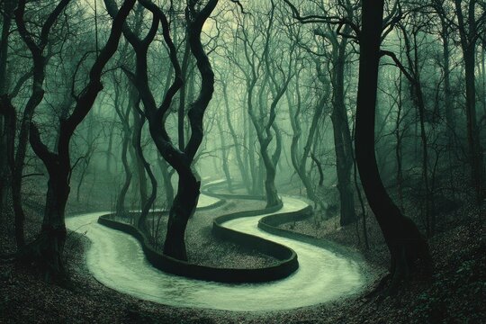 Winding path through a misty, dark forest