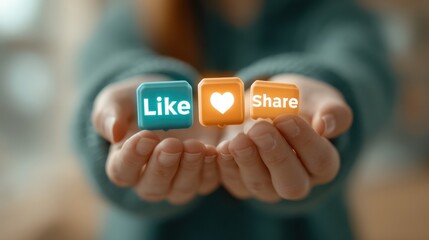 Hands holding blocks with "Like," heart, and "Share" symbols, representing social media engagement and online interaction.