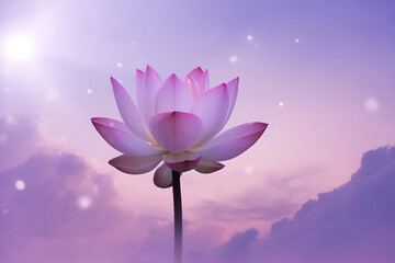 A beautiful pink lotus flower blooms against a soft purple sky with glowing sparkles
