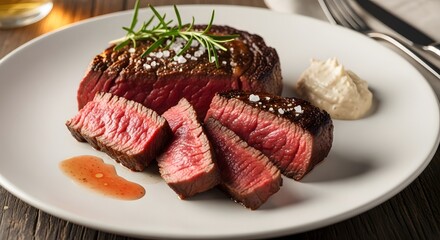 Delicious Medium-Rare Steak Plated with Garnish at Fine Dining Restaurant, Culinary Art in Cozy Ambiance