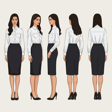 Businesswoman in classic office attire a character turnaround with front side and back views.