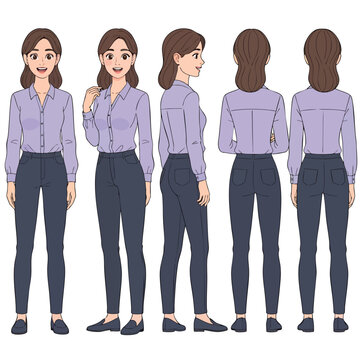 Cartoon business woman character turnaround sheet with front side and back views.