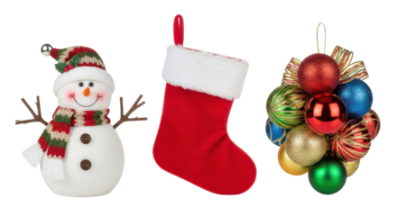 Festive holiday decorations: snowman, stocking, and ornament cluster on transparent background