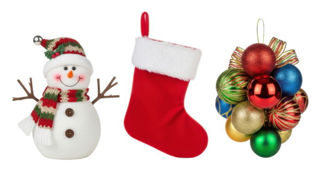 Festive holiday decorations: snowman, stocking, and ornament cluster on transparent background