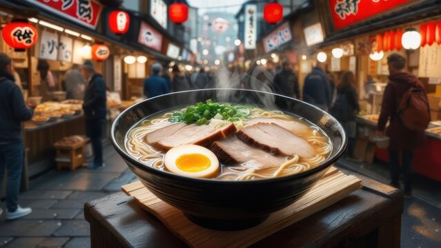 Savoring steaming hot ramen with tender pork and perfectly cooked egg amidst a vibrant, bustling Japanese street food market atmosphere