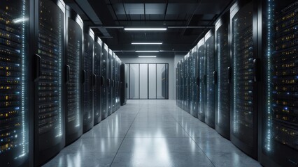 Modern data center hallway with glowing server racks and bright LED lights creating a futuristic, high-tech atmosphere for innovative technology concepts.