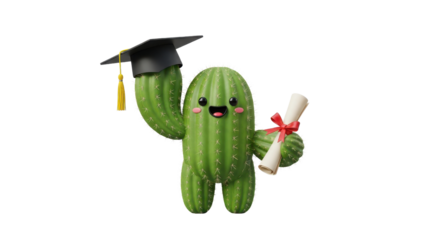 Graduating cactus character with diploma and cap on transparent background