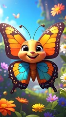 Cute butterfly surrounded by flowers