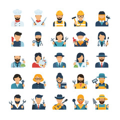 Colorful flat icon set of diverse people representing various jobs careers and occupations.