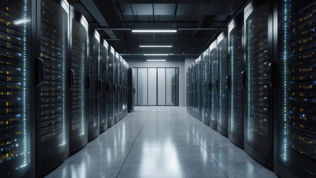 Modern data center hallway with glowing server racks and bright LED lights creating a futuristic, high-tech atmosphere for innovative technology concepts. - Powered by Adobe