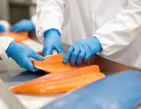 サーモンを加工する水産業の現場