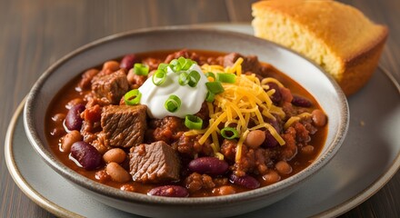 Fototapeta premium Delicious Homemade Chili with Cornbread on a Wooden Table, Comfort Food Scene, Cozy Kitchen Vibe