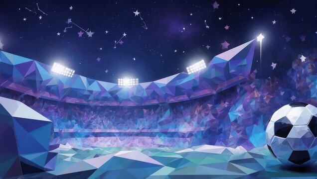 Stunning low-poly soccer stadium under a vibrant starry night sky with a classic ball, perfect for sports and dreamscapes
