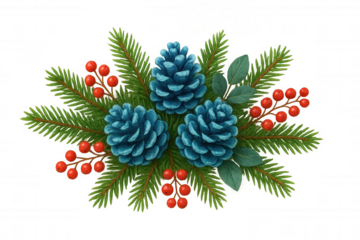 Festive christmas arrangement with blue pine cones, red berries and evergreen branches isolated on transparent background