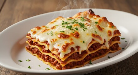 Delicious Homemade Lasagna Served on White Plate, Italian Cuisine, Rustic Kitchen, Food Photography, Warm Ambiance, Close-up Shot, Culinary Delight