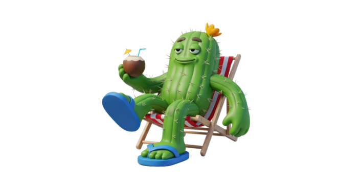 Cartoon cactus relaxing in a beach chair with a coconut drink on transparent background