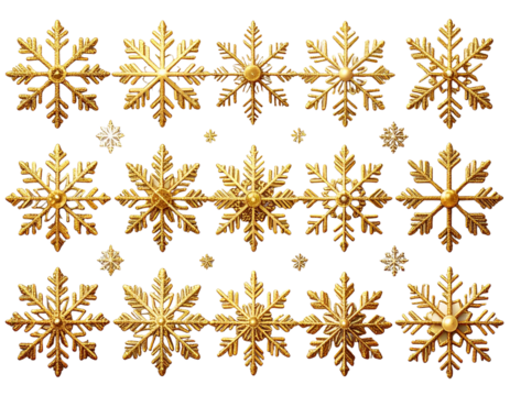 Gold glitter snowflakes set transparent background PNG