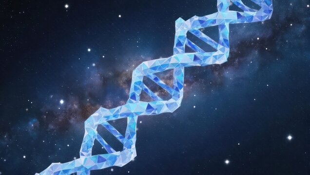 Stunning digital DNA helix floats majestically through a vibrant starry nebula, symbolizing scientific discovery and cosmic potential