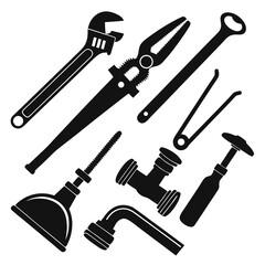Assortment of Plumbing Tools Silhouettes wrench pliers