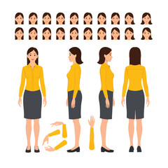 Obraz premium Female character creation set with different views facial expressions and arm gestures for animation.