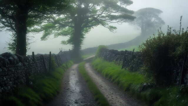 Mysterious misty rural path winds through ancient stone walls and lush green trees towards an ethereal, fog-shrouded horizon