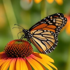 Fototapeta premium Majestic Monarch butterfly with intricate wing patterns resting on a vibrant coneflower, captured in a detailed close-up with a soft, natural green background.