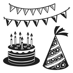 Birthday Party Icons Cake Bunting Candles Hat Keywords: birthday, party, celebration, cake