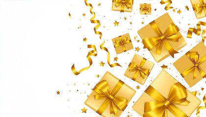 Gold gift boxes with ribbons and confetti on a white background.  A celebratory design