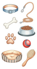 A detailed illustration set of common dog care accessories including a collar, leash, food bowl, and toys