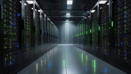 Vast server room with glowing lights and modern racks, symbolizing data, technology, and innovation for digital infrastructure