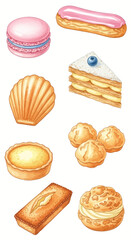 Watercolor collection of French pastries macarons, eclairs, madeleines, tarts, and choux, ideal for bakery designs