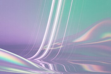 The iridescent abstract background features smooth waves and holographic lines