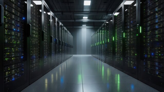 Vast server room with glowing lights and modern racks, symbolizing data, technology, and innovation for digital infrastructure - Powered by Adobe