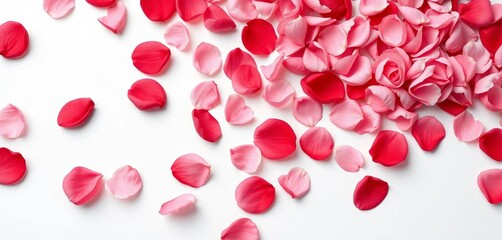 Soft pink and red rose petals, scattered artfully on a white background,  wallpaper,  design