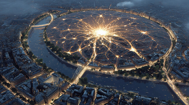 A city's infrastructure visualized as a giant neural network, with a central AI brain managing all systems.