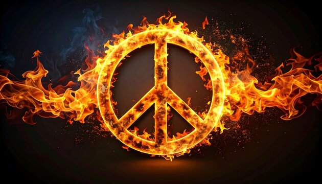 Fiery peace symbol engulfed in flames