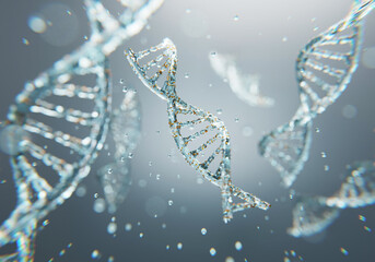 3D rendering of glowing DNA strands floating in space, symbolizing skincare science, collagen repair, and anti-aging innovation. Ideal for beauty, medical, and biotech content.
