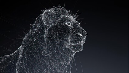 Stunning wireframe lion head emerges from darkness, symbolizing strength, leadership, and digital innovation in a modern abstract art style.