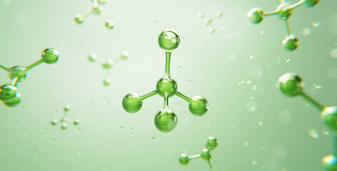 3D animation of green molecules floating in light, representing clean beauty ingredients, hydration, and scientific skincare innovation. Ideal for cosmetic branding.