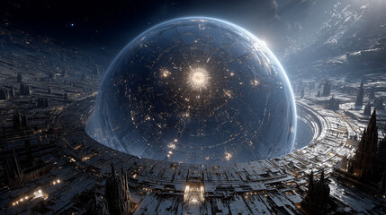 An AI-controlled Dyson sphere megastructure capturing the entire energy output of a distant star.