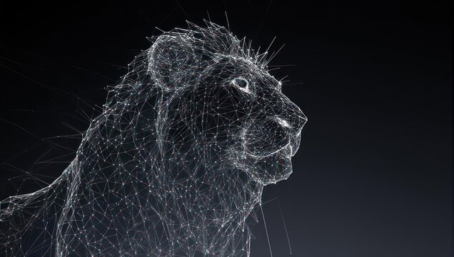 Stunning wireframe lion head emerges from darkness, symbolizing strength, leadership, and digital innovation in a modern abstract art style. - Powered by Adobe