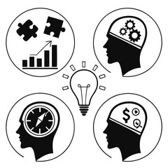 Business Concept Icons With Human Heads And Lightbulb Keywords: business, concept, icon, human