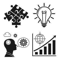 Business strategy icons with globe and thinking gears Keywords: puzzle, jigsaw, pieces, head